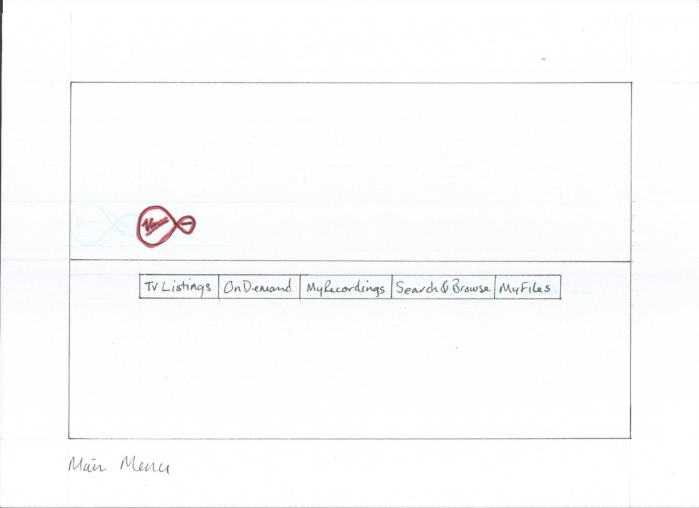 Paper-based marker sketch of Virgin Media Liberate UI. There is a horizontal rule halfway up the screen. Above the rule is the Virgin Media logo. Below the rule are buttons for 'TV Listings', 'On Demand', 'My Recordings', 'Search& Browse', and 'My Files'.